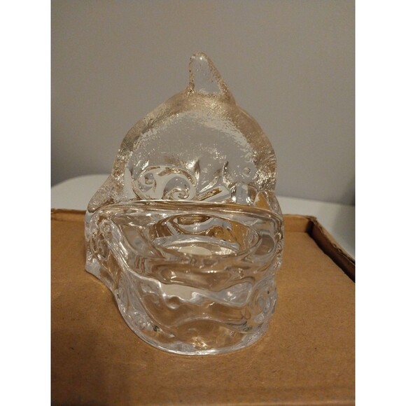 Vintage Y2K Partylite Dolphin Tealight Candle Holder Etched Glass Heavy Decor - Picture 3 of 8